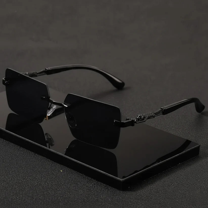 Rimless leopard print temples and a compact trendy frame